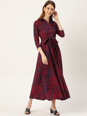 Women Burgundy Checked Printed Shirt Collar Cotton Fit and Flare Dress