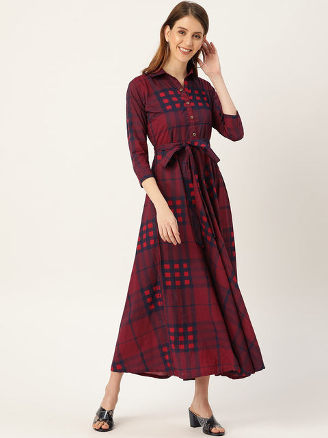 Women Burgundy Checked Printed Shirt Collar Cotton Fit and Flare Dress