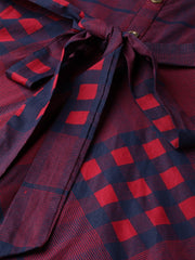 Women Burgundy Checked Printed Shirt Collar Cotton Fit and Flare Dress
