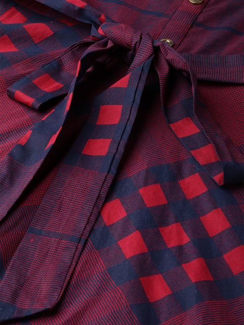 Women Burgundy Checked Printed Shirt Collar Cotton Fit and Flare Dress