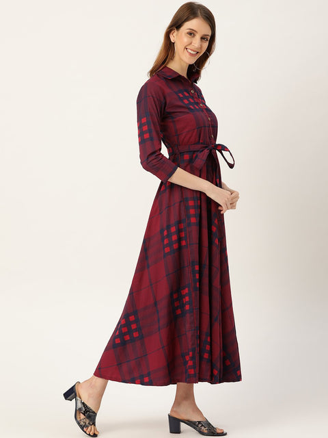 Women Burgundy Checked Printed Shirt Collar Cotton Fit and Flare Dress