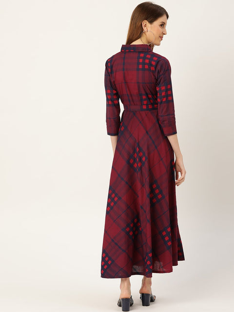Women Burgundy Checked Printed Shirt Collar Cotton Fit and Flare Dress