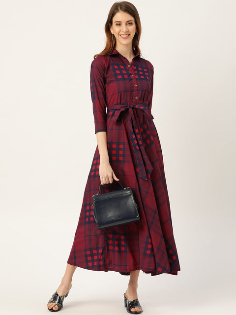 Women Burgundy Checked Printed Shirt Collar Cotton Fit and Flare Dress