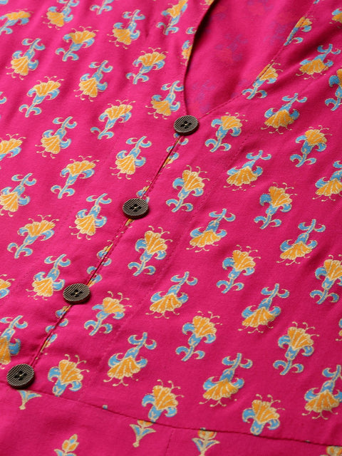 Women Pink Floral Printed Mandarin Collar Viscose Rayon Fit and Flare Dress