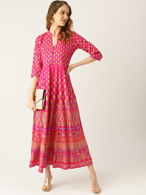 Women Pink Floral Printed Mandarin Collar Viscose Rayon Fit and Flare Dress