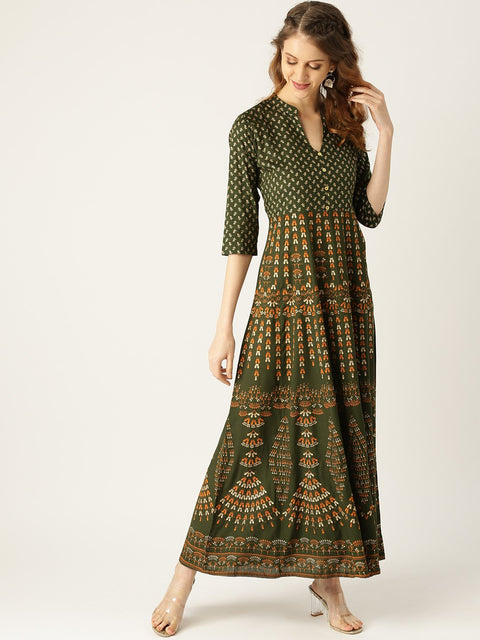 Women Green Floral Printed Mandarin Collar Viscose Rayon Fit and Flare Dress