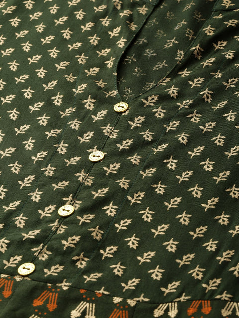 Women Green Floral Printed Mandarin Collar Viscose Rayon Fit and Flare Dress