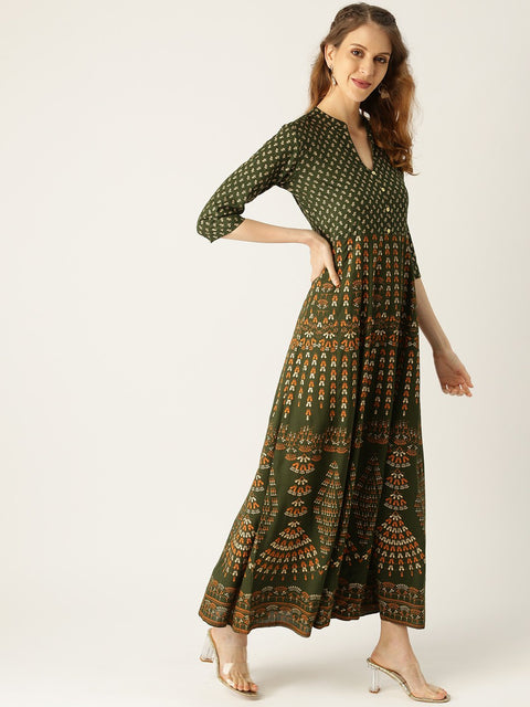 Women Green Floral Printed Mandarin Collar Viscose Rayon Fit and Flare Dress