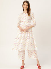Women White Three-Quarter Sleeves Flared Kurta With Palazzo