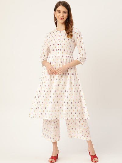 Women White Three-Quarter Sleeves Flared Kurta With Palazzo