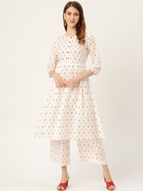 Women White Three-Quarter Sleeves Flared Kurta With Palazzo