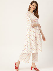 Women White Three-Quarter Sleeves Flared Kurta With Palazzo