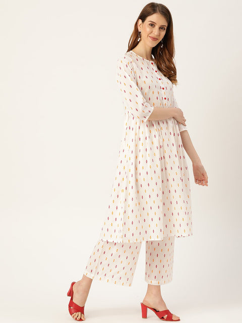 Women White Three-Quarter Sleeves Flared Kurta With Palazzo