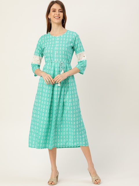 Women Blue Ethnic Motifs Printed Round Neck Cotton A-Line Dress
