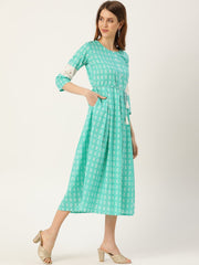 Women Blue Ethnic Motifs Printed Round Neck Cotton A-Line Dress