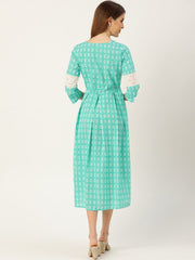 Women Blue Ethnic Motifs Printed Round Neck Cotton A-Line Dress