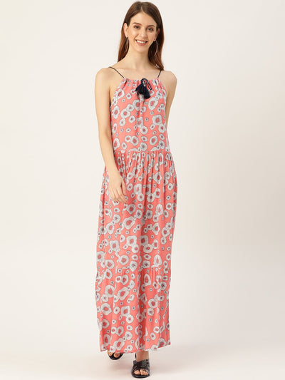 Women Peach Conversational Printed Halter Neck Viscose Rayon A-Line Dress