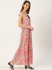 Women Peach Conversational Printed Halter Neck Viscose Rayon A-Line Dress