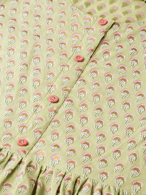 Women Green Ethnic Motifs Printed Round Neck Cotton Maxi Dress