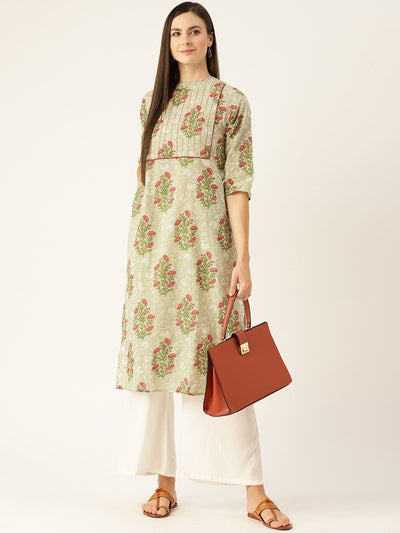 Women Beige Calf Length Three-Quarter Sleeves A-Line Floral Yoke Design Cotton Kurta