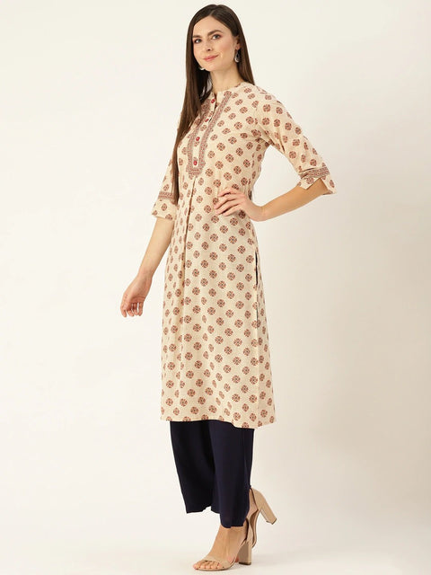 Women Offwhite Calf Length Three-Quarter Sleeves A-Line Ethnic Motifs Yoke Design Cotton Kurta