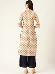 Women Offwhite Calf Length Three-Quarter Sleeves A-Line Ethnic Motifs Yoke Design Cotton Kurta