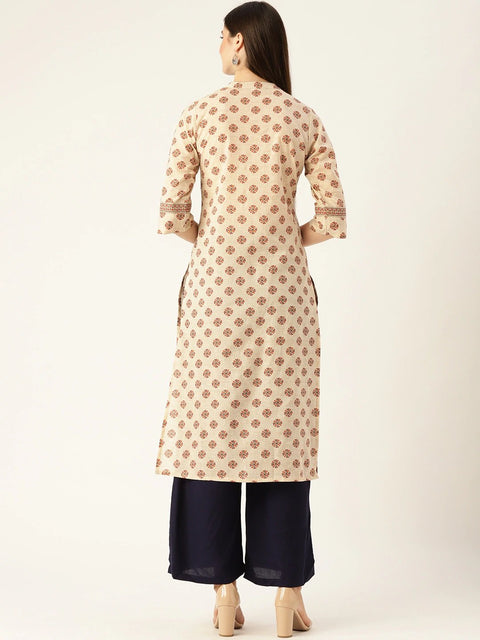 Women Offwhite Calf Length Three-Quarter Sleeves A-Line Ethnic Motifs Yoke Design Cotton Kurta