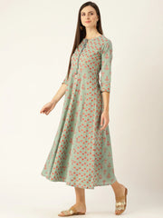 Women Metalic Green Ethnic Motifs Printed Round Neck Cotton Maxi Dress