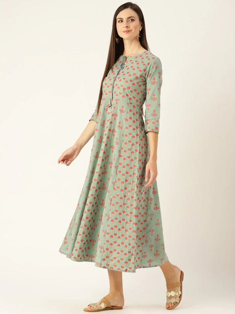 Women Metalic Green Ethnic Motifs Printed Round Neck Cotton Maxi Dress