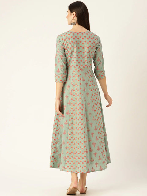 Women Metalic Green Ethnic Motifs Printed Round Neck Cotton Maxi Dress