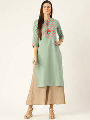 Women Blue Calf Length Three-Quarter Sleeves A-Line Solid Yoke Design Cotton Kurta