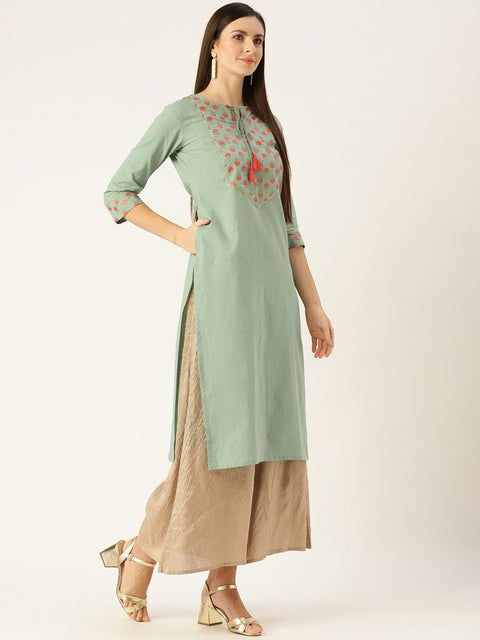 Women Blue Calf Length Three-Quarter Sleeves A-Line Solid Yoke Design Cotton Kurta