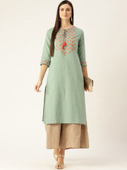 Women Blue Calf Length Three-Quarter Sleeves A-Line Solid Yoke Design Cotton Kurta