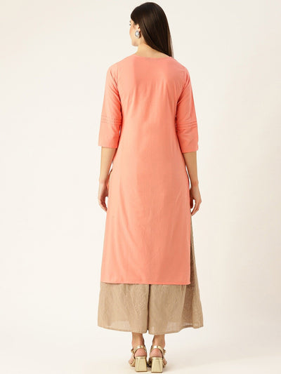 Women Pink Calf Length Three-Quarter Sleeves Straight Solid Yoke Design Cotton Kurta