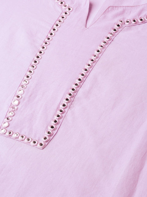 Women Lavender Calf Length Three-Quarter Sleeves Straight Solid Yoke Design Cotton Kurta