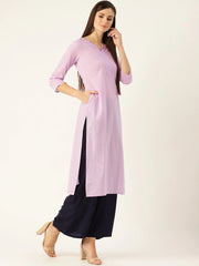 Women Lavender Calf Length Three-Quarter Sleeves Straight Solid Yoke Design Cotton Kurta