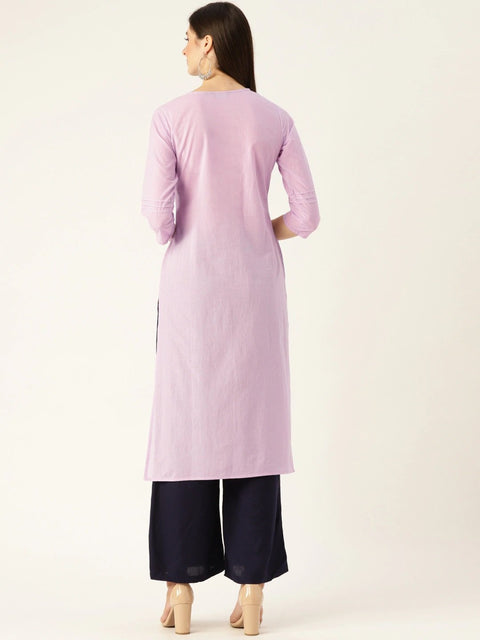 Women Lavender Calf Length Three-Quarter Sleeves Straight Solid Yoke Design Cotton Kurta