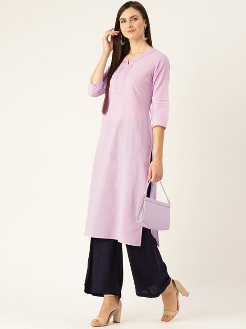 Women Lavender Calf Length Three-Quarter Sleeves Straight Solid Yoke Design Cotton Kurta