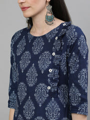 Women Navy Blue & White Printed Straight Kurta