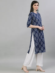 Women Navy Blue & White Printed Straight Kurta