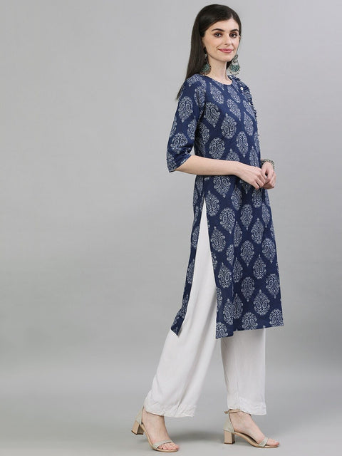 Women Navy Blue & White Printed Straight Kurta