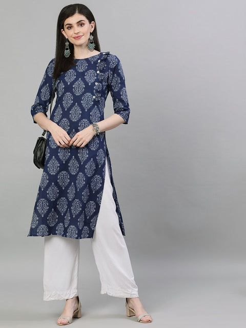 Women Navy Blue & White Printed Straight Kurta
