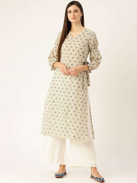 Women Grey Calf Length Three-Quarter Sleeves A-Line Ethnic Motifs Printed Cotton Kurta
