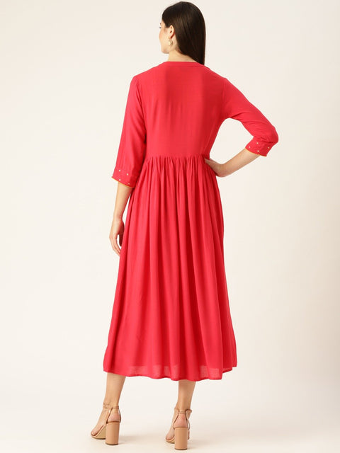 Women Pink Self Design Solid Mandarin Collar Viscose Rayon Fit and Flare Dress