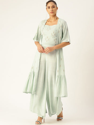 Women Grey Embroidered Top Pant with shrug Set