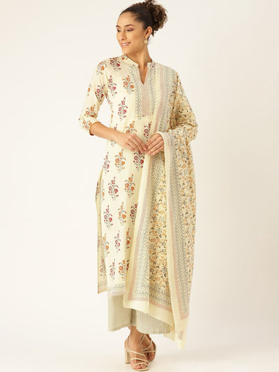 Women Offwhite Three-Quarter Sleeves Straight Kurta Palazzo and Dupatta Set