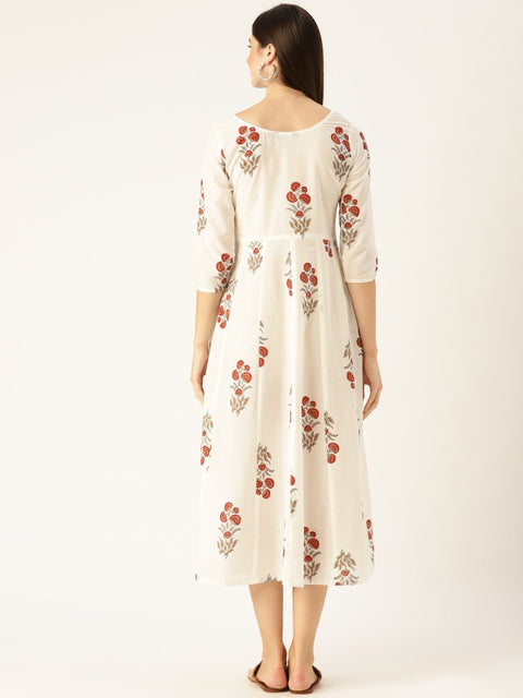 Women White Floral Printed Round Neck Cotton Fit and Flare Dress