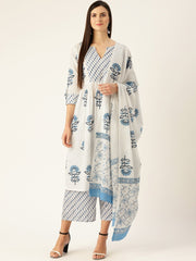 Women White Three-Quarter Sleeves Flared Kurta Palazzo and Dupatta Set