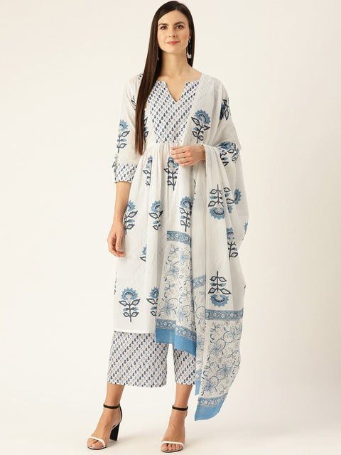 Women White Three-Quarter Sleeves Flared Kurta Palazzo and Dupatta Set