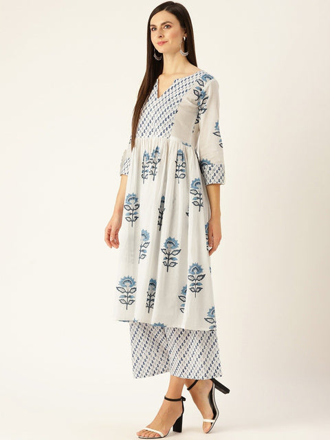 Women White Three-Quarter Sleeves Flared Kurta Palazzo and Dupatta Set